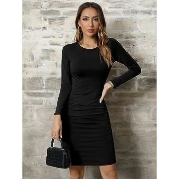 Missufe Ruched Knee Length Bodycon Dress Women's Long Sleeve Casual Sheath Sundress (Black, X-Small)