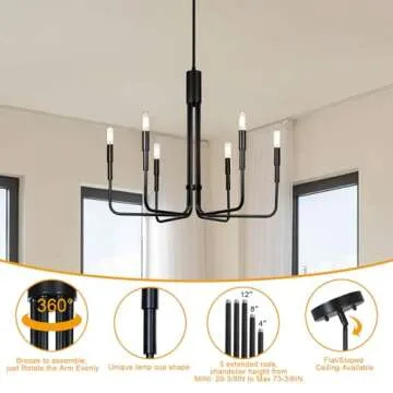 XiNBEi Lighting Chandeliers, 6 Light Chandelier with LED Bulb, Vintage Pendant Lighting Matte Black Finish for Living & Dining Room XB-C1213-6-MBK