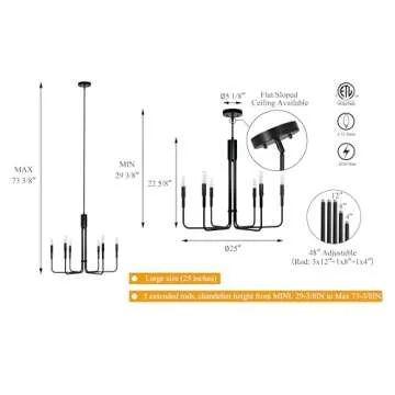 XiNBEi Lighting Chandeliers, 6 Light Chandelier with LED Bulb, Vintage Pendant Lighting Matte Black Finish for Living & Dining Room XB-C1213-6-MBK