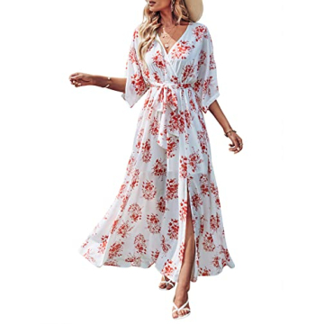 ANRABESS Women’s Summer Loose Boho Flowy Wrap V Neck 3/4 Sleeve Floral Print Slit Beach Wedding Gu...