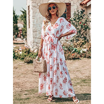 ANRABESS Women’s Summer Loose Boho Flowy Wrap V Neck 3/4 Sleeve Floral Print Slit Beach Wedding Guest Long Maxi Dresses 2024 Red Flor Large