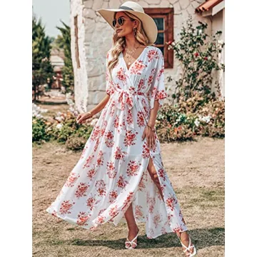 ANRABESS Women’s Summer Loose Boho Flowy Wrap V Neck 3/4 Sleeve Floral Print Slit Beach Wedding Guest Long Maxi Dresses 2024 Red Flor Large