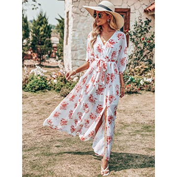 ANRABESS Women’s Summer Loose Boho Flowy Wrap V Neck 3/4 Sleeve Floral Print Slit Beach Wedding Guest Long Maxi Dresses 2024 Red Flor Large