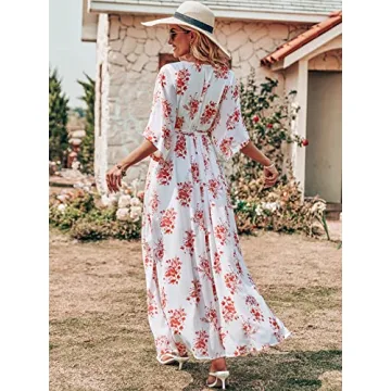 ANRABESS Women’s Summer Loose Boho Flowy Wrap V Neck 3/4 Sleeve Floral Print Slit Beach Wedding Guest Long Maxi Dresses 2024 Red Flor Large