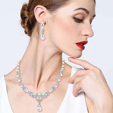 EVER FAITH Women's Crystal Simulated Pearl Bridal Teardrop Necklace Earrings Set - Clear Silver-Tone
