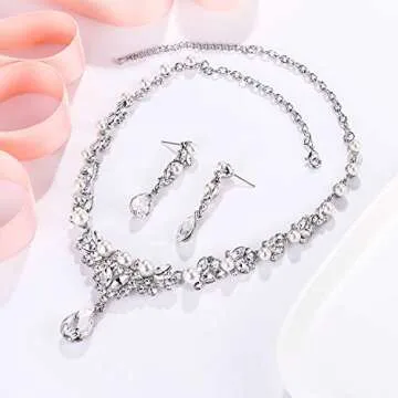 Crystal Pearl Bridal Necklace Earrings Set for Women