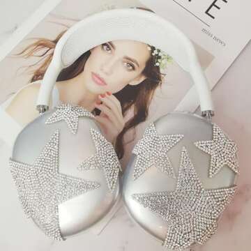 MORWLAT Bling Case Cover for AirPods Max Glittering Rhinestones Stars, Clear Sparkling Cute Soft Cas...