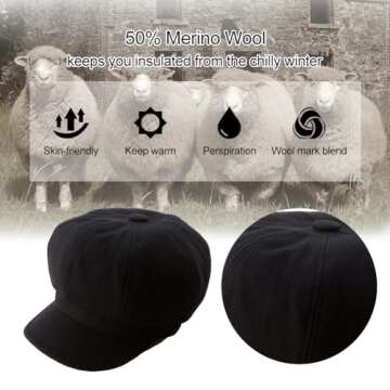 SIGGI Womens Merino Wool Visor Beret Newsboy Cabbie Cap Winter Hats with Lining Spring 67145_black,Medium