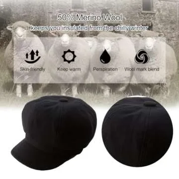 SIGGI Womens Merino Wool Visor Beret Newsboy Cabbie Cap Winter Hats with Lining Spring 67145_black,Medium