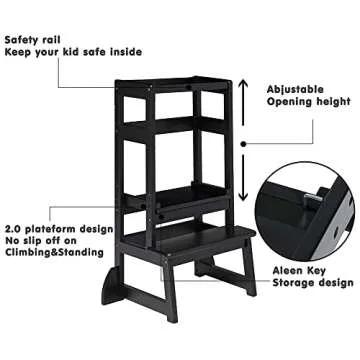 SDADI LT05B Mother's Helper Adjustable Height Kitchen Step Stool, Counter Level Learning Stool for Kitchen and Bathroom, Black