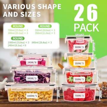 Skroam 52 Piece Airtight Food Storage Containers with Lids (26 Containers & 26 Lids), Plastic Meal P...