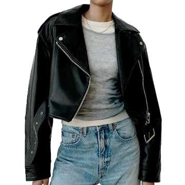 Trendy LY VAREY LIN Faux Leather Cropped Jacket for Women