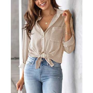Lingjiazi Womens Striped Button Down Shirts Long Sleeve Collared Business Office Work Blouses Shirts...