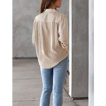 Lingjiazi Womens Striped Button Down Shirts Long Sleeve Collared Business Office Work Blouses Shirts Tops with Pocket (0293-Khaki-S)