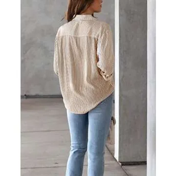 Lingjiazi Womens Striped Button Down Shirts Long Sleeve Collared Business Office Work Blouses Shirts Tops with Pocket (0293-Khaki-S)