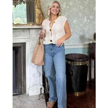 Flygo Womens Crop Knit Vest Top Chunky Crochet Button Cardigan Sweater Vests Sleeveless 2024 Fall Sweaters Tops(Beige-M)