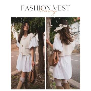 Flygo Womens Crop Knit Vest Top Chunky Crochet Button Cardigan Sweater Vests Sleeveless 2024 Fall Sweaters Tops(Beige-M)