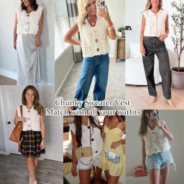 Flygo Womens Crop Knit Vest Top Chunky Crochet Button Cardigan Sweater Vests Sleeveless 2024 Fall Sweaters Tops(Beige-M)