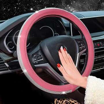 New Diamond Leather Steering Wheel Cover with Bling Bling Crystal Rhinestones, Universal Fit 15 Inch...