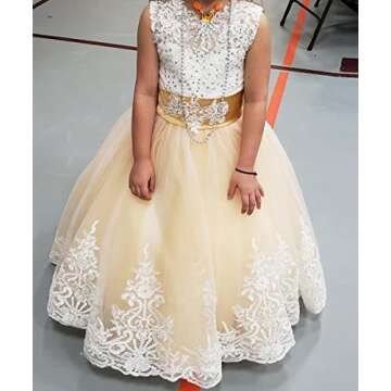 Princess Gold Long Girls Pageant Dresses Kids Prom Puffy Tulle Ball Gown US 6