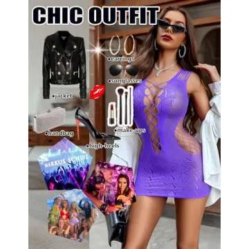 Avidlove Womens Fishnet Lingerie Mini Chemise Negligee Babydoll Club Outfits Sexy Lingerie Sexy Cut Out Bodycon Dress(Purple, One Size