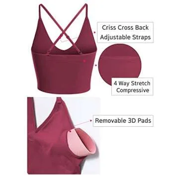 Design by Olivia Women's Casual Seamless Padded Workout Sports Bra Cami Cropped Yoga Tank Top with Adjustable Straps Burgundy SM