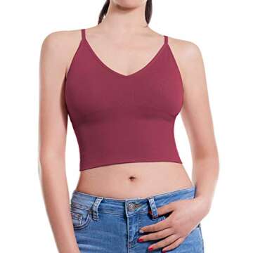 Design by Olivia Women's Casual Seamless Padded Workout Sports Bra Cami Cropped Yoga Tank Top with Adjustable Straps Burgundy SM