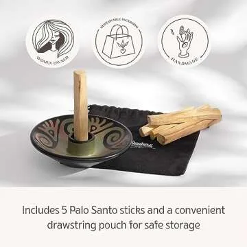 Luna Sundara Authentic Peru Pottery Palo Santo Stick Holder and Incense Holder Includes 5 Palo Santo Sticks Handmade Ceramic Smudge Bowl Sage Holder Palo Santo Holder (Green)