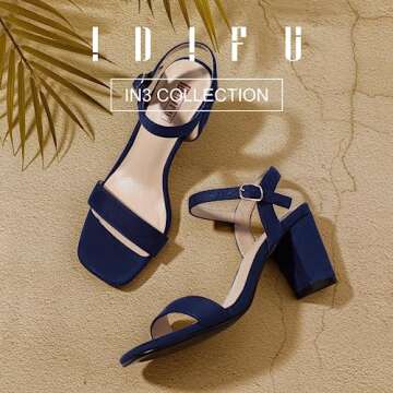 IDIFU Women's Blue Heels Size 8.5 IN3 Chunky Heels for Women Dressy Square Toe Heels Slingback Block Heels Sandals for Wedding Bridal Evening Homecoming Prom (Blue Suede)