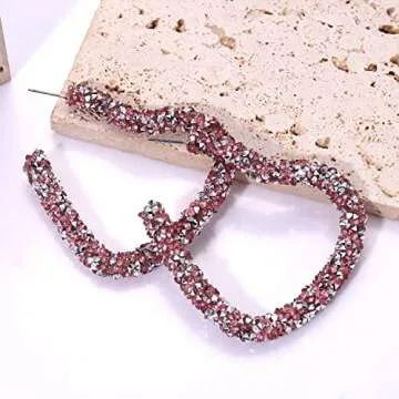 NLCAC Glitter Heart Hoop Earrings - Sparkly Resin Rhinestone Wrapped