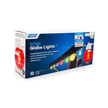 Camco 42750 Decorative RV Awning Globe Lights - 10 Multicolor Globes on White Wire, Fits Directly into Your RV Awning Track, Great for Outdoor Events