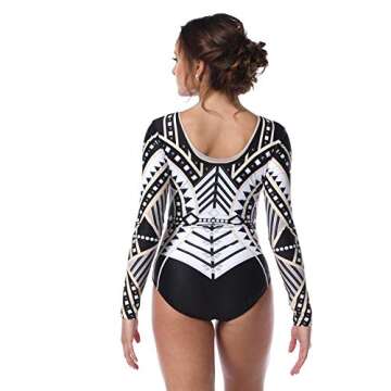 Alexandra Collection Womens Art Deco Long Sleeve Dance Costume Performance Leotard White/Gold/Black ...