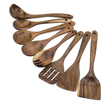 WOODME 8-Piece Teak Wooden Kitchen Utensil Set for Non-Stick Cookware