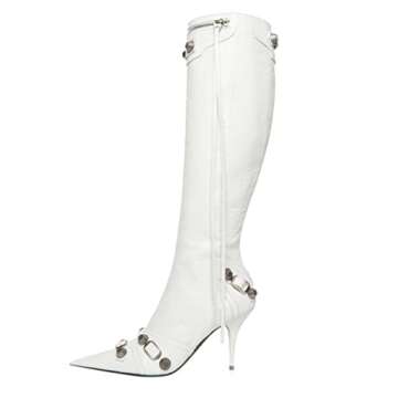 Dsevht Stiletto Boots White Knee High Boots for Women Sexy Pointed Toe Rivets Tassel Boots Fashion S...