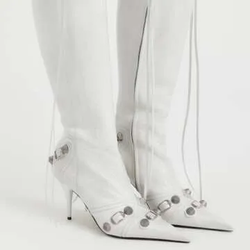 Dsevht Stiletto Boots White Knee High Boots for Women Sexy Pointed Toe Rivets Tassel Boots Fashion Studded High Heel Long Boot Zipper