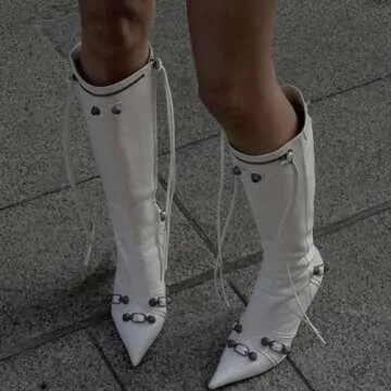 Dsevht Stiletto Boots White Knee High Boots for Women Sexy Pointed Toe Rivets Tassel Boots Fashion Studded High Heel Long Boot Zipper