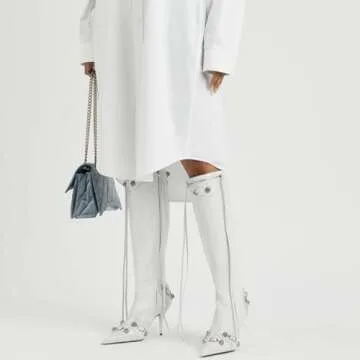 Dsevht Stiletto Boots White Knee High Boots for Women Sexy Pointed Toe Rivets Tassel Boots Fashion Studded High Heel Long Boot Zipper