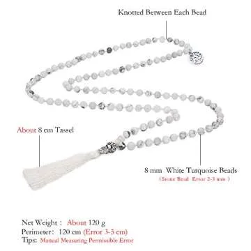BALIBALI 108 Mala Beads Necklace Semi-Precious Gem Stones Meditation Necklace 108 Hand Knotted Japa Mala Beaded Tassel Necklace with Tree of Life Pendant