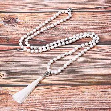 BALIBALI 108 Mala Beads Necklace Semi-Precious Gem Stones Meditation Necklace 108 Hand Knotted Japa Mala Beaded Tassel Necklace with Tree of Life Pendant