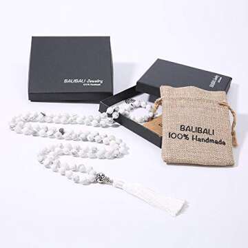 BALIBALI 108 Mala Beads Necklace Semi-Precious Gem Stones Meditation Necklace 108 Hand Knotted Japa Mala Beaded Tassel Necklace with Tree of Life Pendant