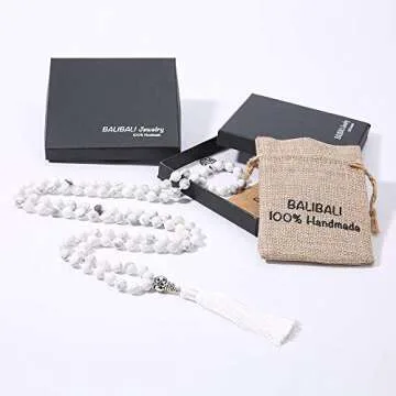 BALIBALI 108 Mala Beads Necklace Semi-Precious Gem Stones Meditation Necklace 108 Hand Knotted Japa Mala Beaded Tassel Necklace with Tree of Life Pendant
