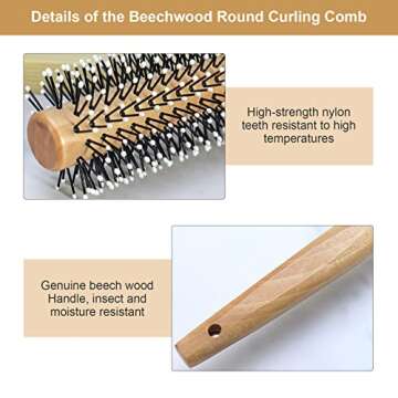 Round Curling Comb with Original Wooden Handle, Gently Detangles All Hair Types