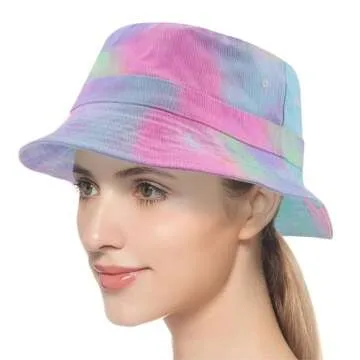 KEEPFLY Cotton Bucket Hat for Women Men Packable Travel Summer Beach Sun Hat Unisex Vacation Headwear,Tiedye Purple Blue