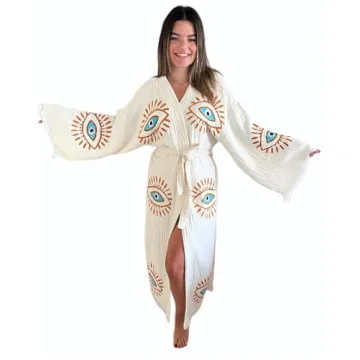 Handmade Evil Eye Kimono - Women Beach Cover Up - Festival Bohemian Robe - Boho Cotton Cardigan - Dr...