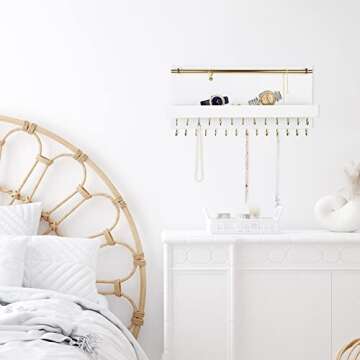 SANY DAYO HOME 27 Hooks Wall Mounted Necklace Holder 14 x 6 inch Hanging Rustic Wooden Jewelry Organizer with Removable Bracelet Rod and Shelf for Kids, Girls, Women - Ivory White