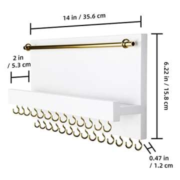 SANY DAYO HOME 27 Hooks Wall Mounted Necklace Holder 14 x 6 inch Hanging Rustic Wooden Jewelry Organizer with Removable Bracelet Rod and Shelf for Kids, Girls, Women - Ivory White