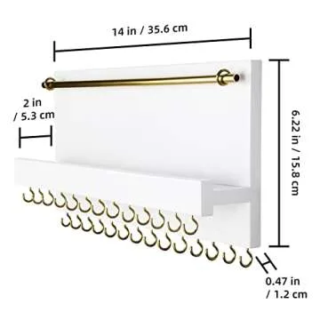 SANY DAYO HOME 27 Hooks Wall Mounted Necklace Holder 14 x 6 inch Hanging Rustic Wooden Jewelry Organizer with Removable Bracelet Rod and Shelf for Kids, Girls, Women - Ivory White