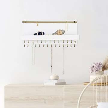 SANY DAYO HOME 27 Hooks Wall Mounted Necklace Holder 14 x 6 inch Hanging Rustic Wooden Jewelry Organizer with Removable Bracelet Rod and Shelf for Kids, Girls, Women - Ivory White