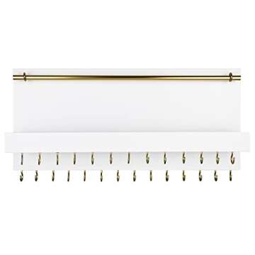 SANY DAYO HOME 27 Hooks Wall Mounted Necklace Holder 14 x 6 inch Hanging Rustic Wooden Jewelry Organizer with Removable Bracelet Rod and Shelf for Kids, Girls, Women - Ivory White