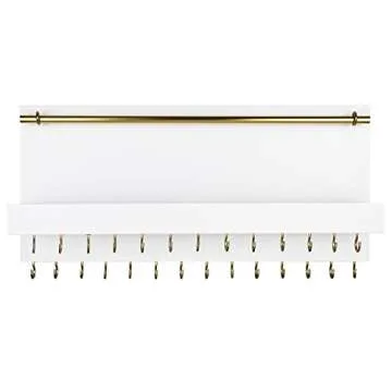 SANY DAYO HOME 27 Hooks Wall Mounted Necklace Holder 14 x 6 inch Hanging Rustic Wooden Jewelry Organizer with Removable Bracelet Rod and Shelf for Kids, Girls, Women - Ivory White